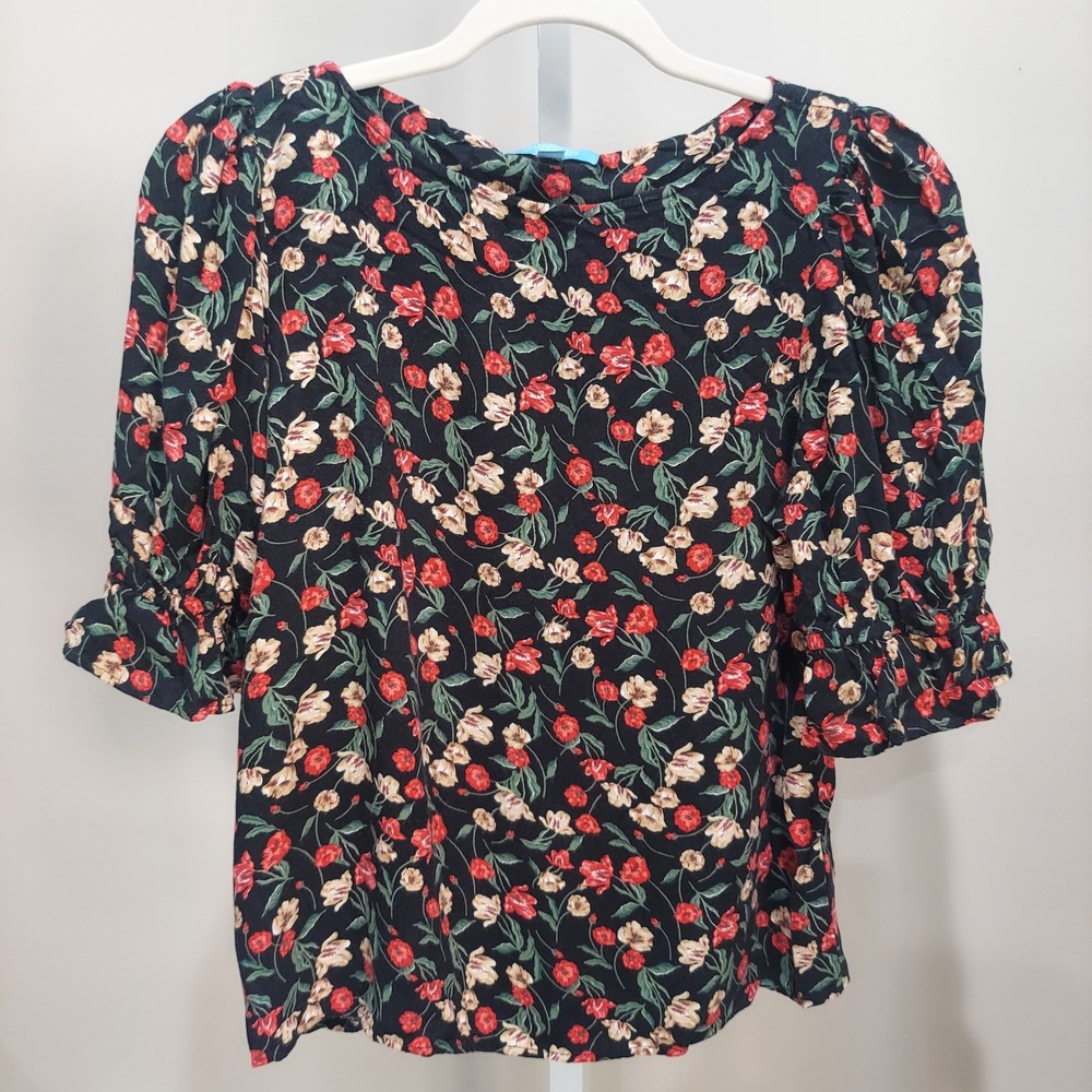 Draper James RSVP Black Floral Puff Sleeve Top XS Rayon Whimsigoth Cottagecore - Picture 2 of 8